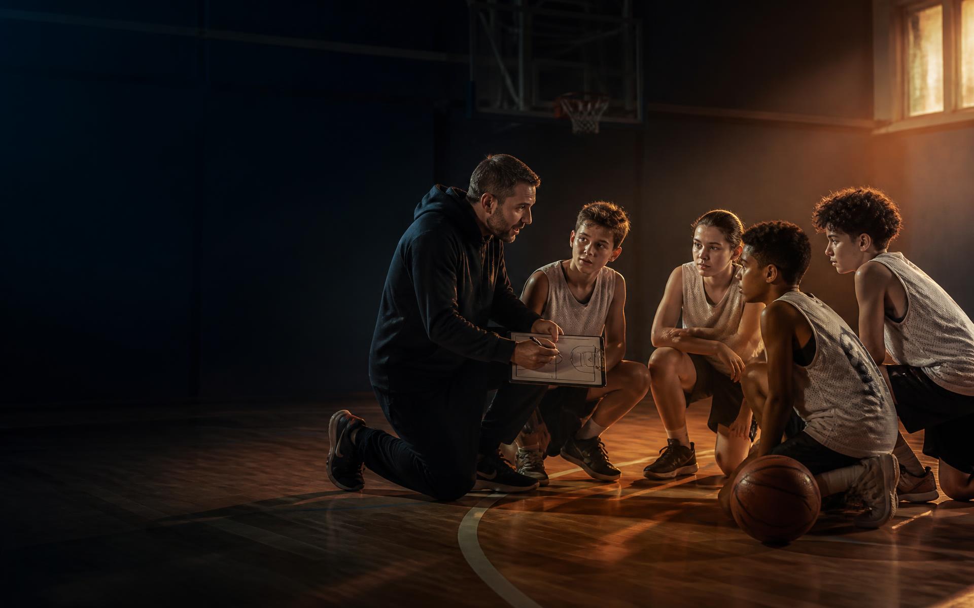 Jeugdcoach geeft geknield uitleg met een coachbord aan een groepje jeugdspelers in de sporthal